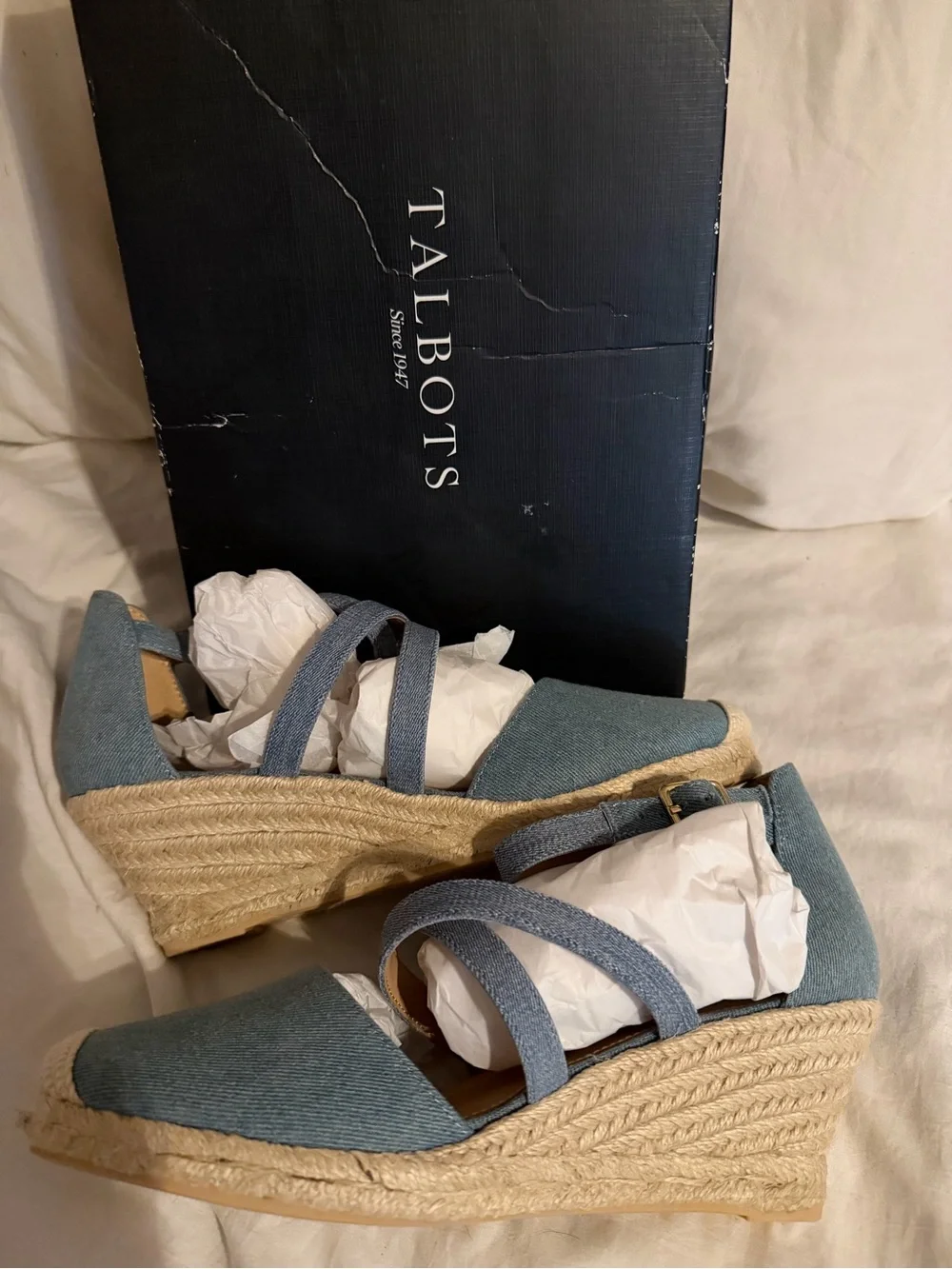 Talbots Denim-Blue Espadrille Ankle-Strap Wedge Sandals